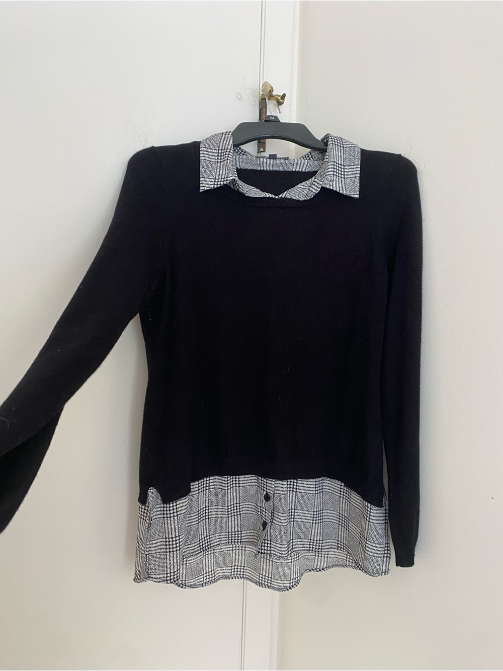 Dark Academia Black Twofer Sweater with Black-and-White Plaid Collar Medium